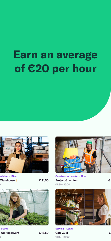 Temper | Flex Work and Gigs - Interface of the Temper app showing various flexible job shifts and the average hourly rate of 20 euros