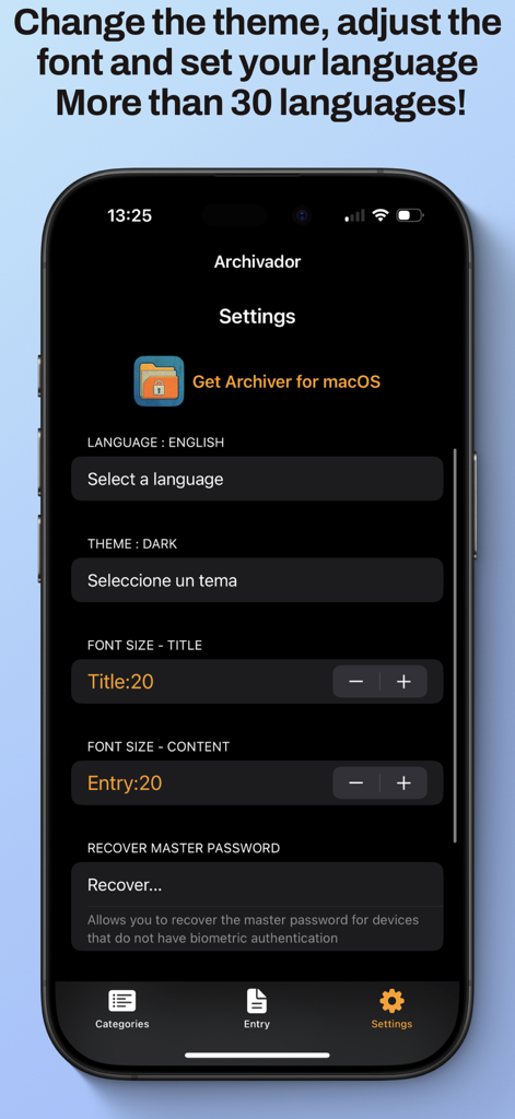 Archivador - Pantalla de configuración de Archivador mostrando opciones de tema de idioma y tamaño de fuente