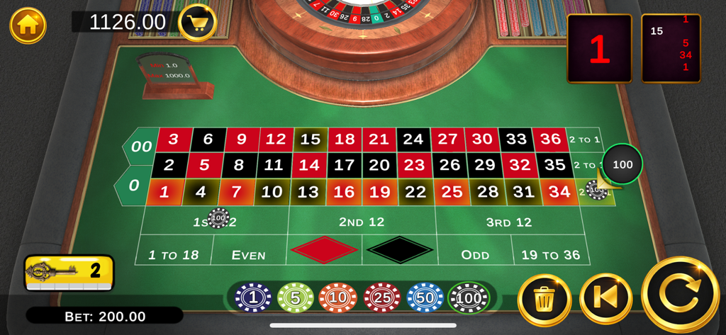 Roulette - Casino Roulette - アメリカン ルーレット ベッティング テーブルのトップダウンビュー。様々な数字とベットセクションにバーチャルチップが置かれています。