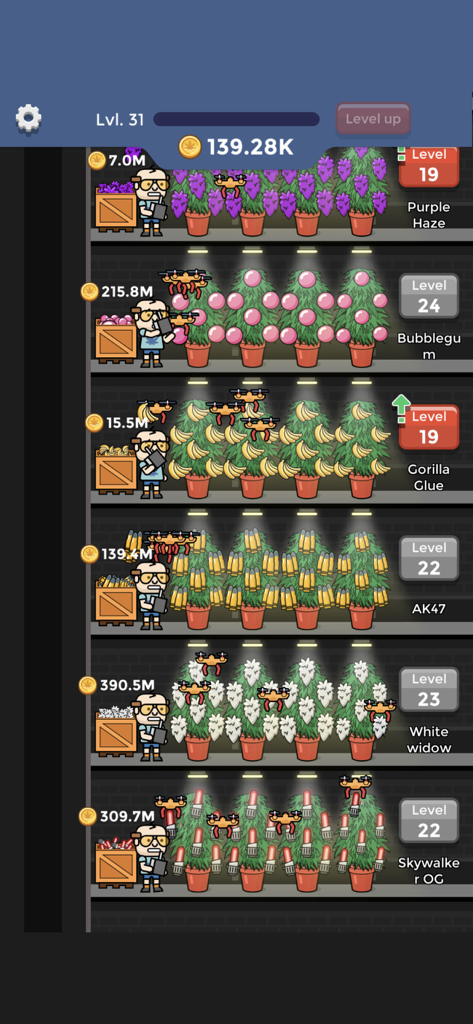 Gameplay screen of Weed Factory Idle showing multiple floors of different cannabis strains and harvesting drones