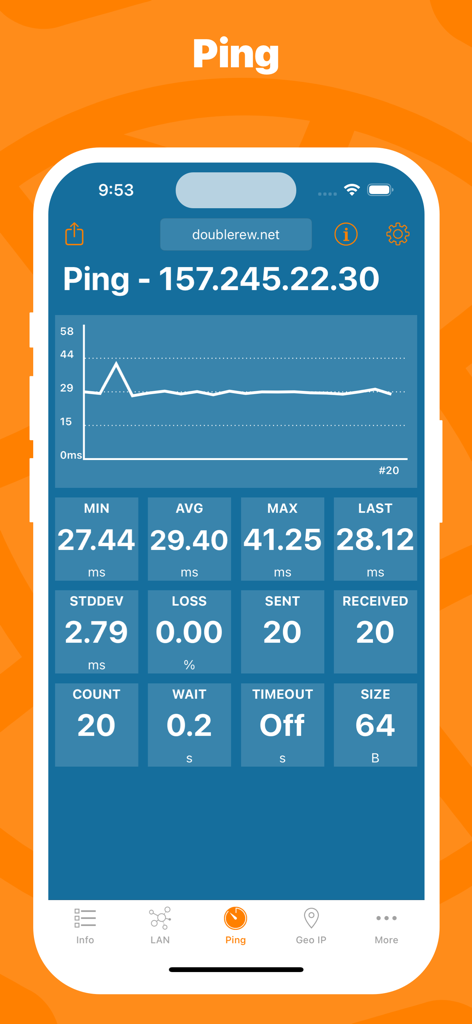 Network Utility app showing a real time ping graph and connection statistics on an iPhone