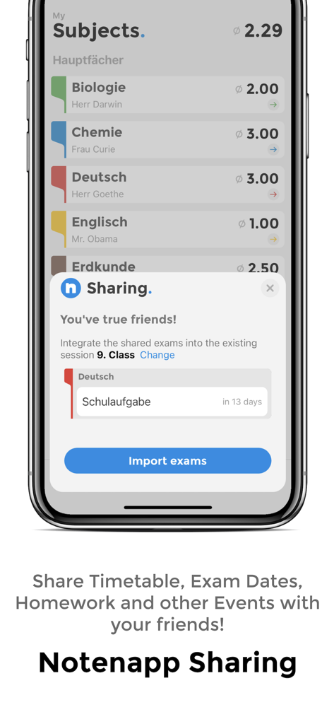 Notenapp - digital school tool - Tela do aplicativo móvel Notenapp mostrando o recurso de compartilhamento de exames escolares e lista de notas de disciplinas