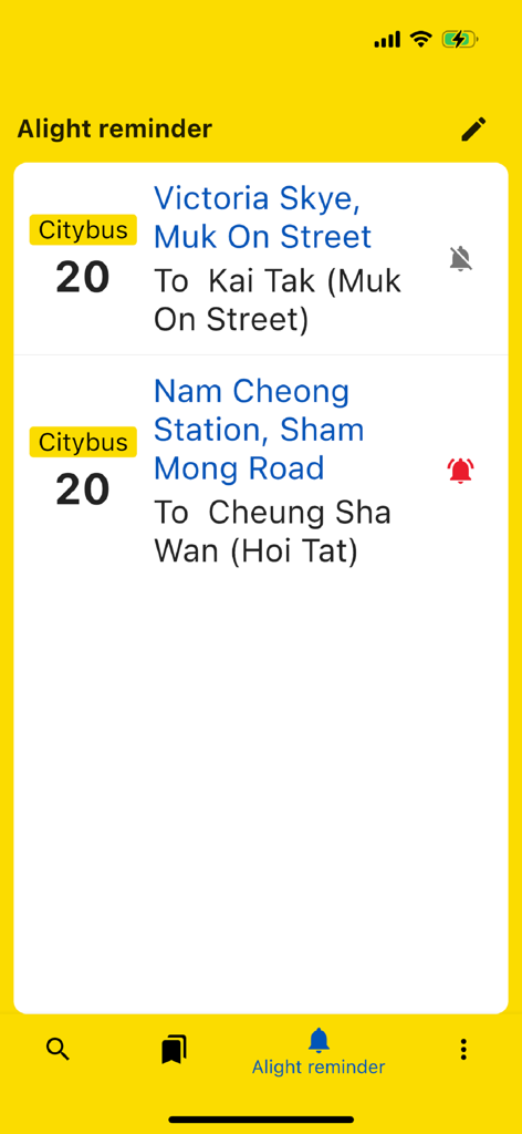 Citybus Lite - Alight reminder feature on Citybus Lite app with large accessible text and route information