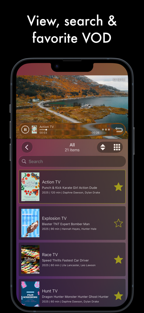 iSTB app interface showing video on demand content with search and favorites features on an iPhone screen