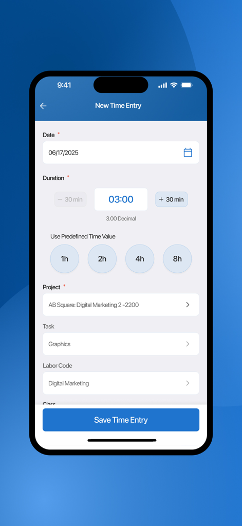BigTime: Mobile - Pantalla de Nueva Entrada de Tiempo en la aplicación BigTime Mobile para el registro de tiempo profesional
