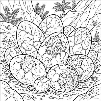 Journey back to the age of dinosaurs with this captivating coloring page featuring a nest of broken dinosaur eggs. Discover tiny hatchlings emerging from their shells amidst a lush prehistoric landscape, ready for your artistic touch.