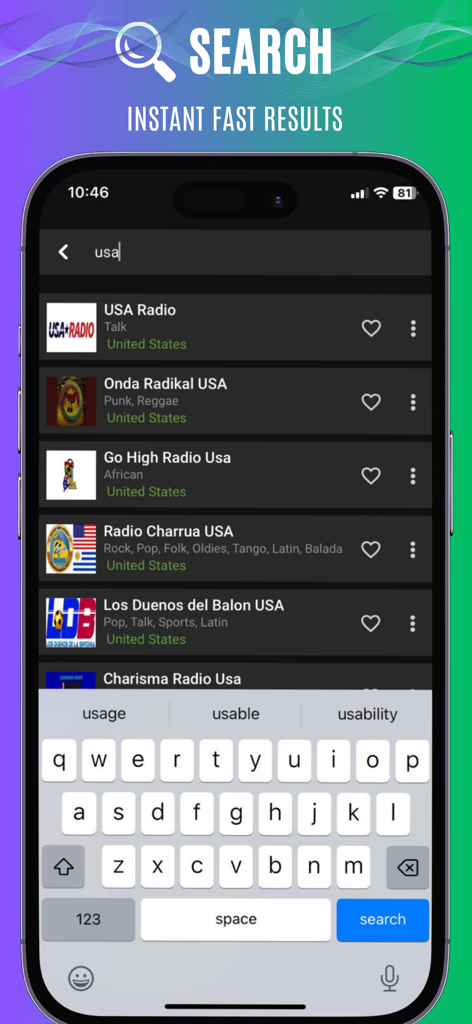 Ecrã de pesquisa da aplicação Rádio FM mostrando resultados para estações de rádio dos EUA.