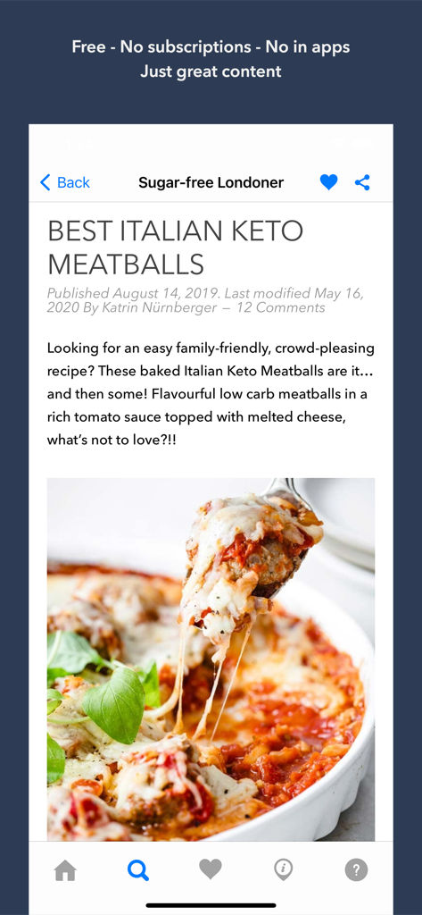 Keto App: Recipes Guides News - Página de recetas de la aplicación Keto para albóndigas italianas con una foto de albóndigas con queso en salsa de tomate