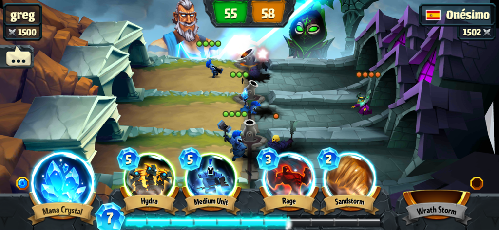 Spellbinders - A real-time lane-based battle in Spellbinders showing Titans and spell cards.