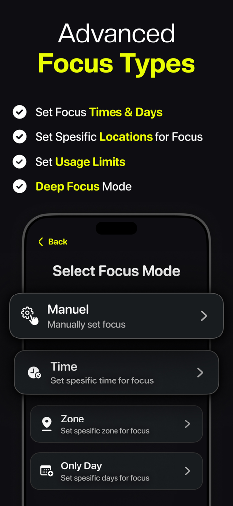 Screen Time Control: FocusMate - FocusMate app screen displaying advanced focus types like time, location zone, and usage limits