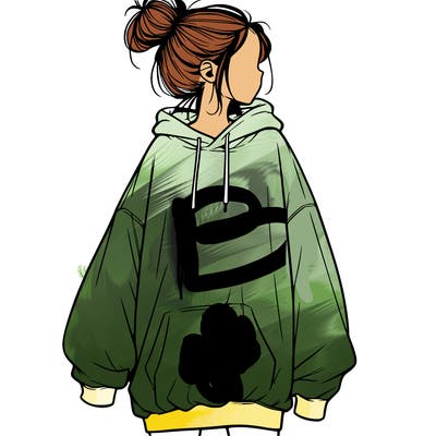 realistic girl with a oversized sweatshirt on and a bun