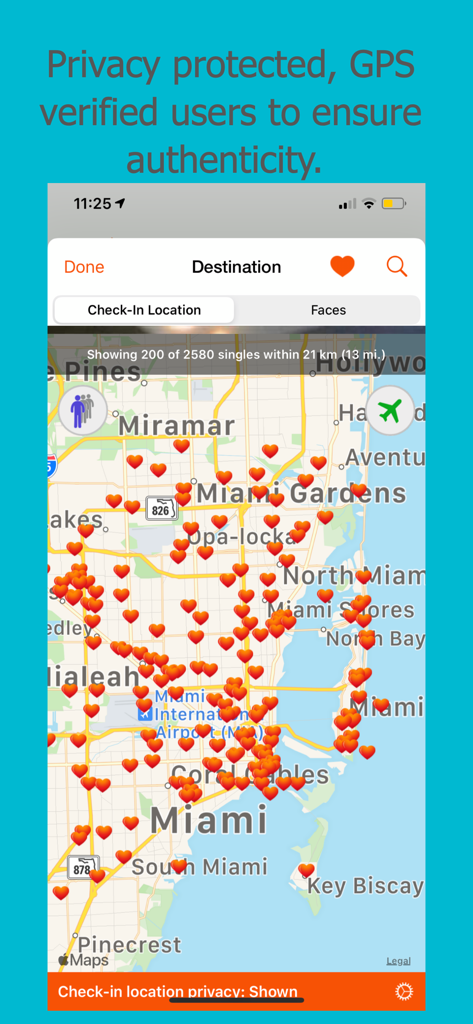 SinglesAroundMe app interface showing an interactive map of Miami with heart pins representing local singles