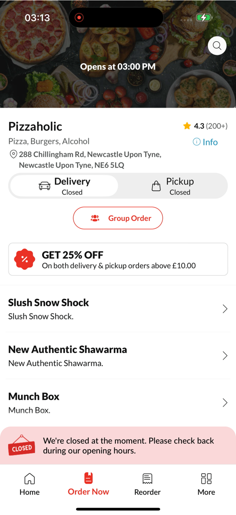 Pizzaholic. - Pizzaholic iOS app screen showing food menu categories and a twenty five percent discount offer