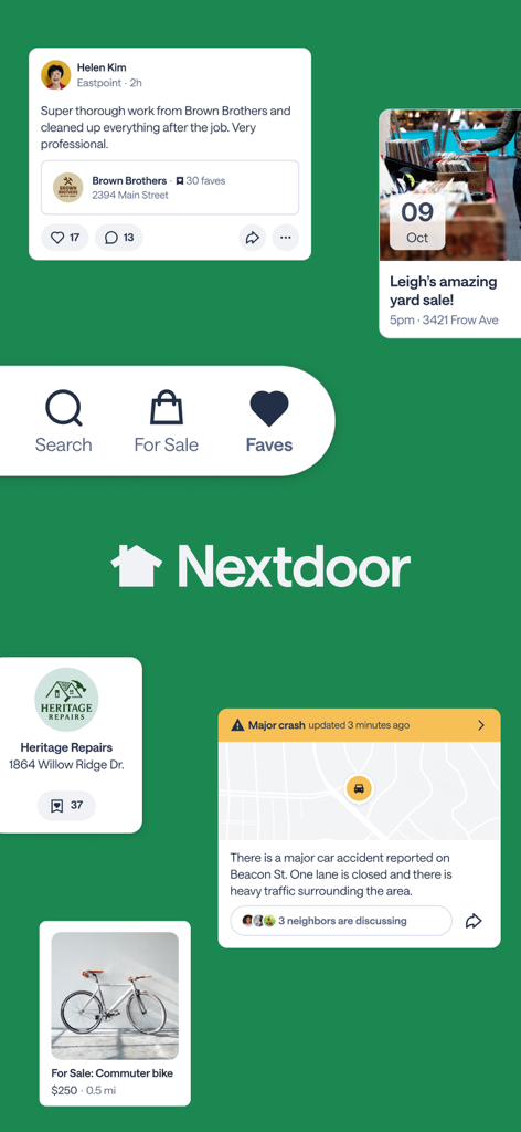 Nextdoor app interface showcasing safety alerts, for sale items, and local recommendations