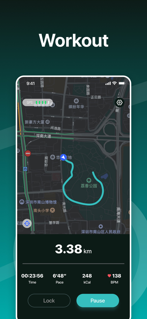 Letsfit life - Letsfit life app workout interface showing a GPS map route with distance, pace, and heart rate metrics.