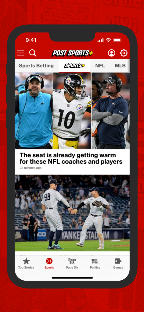 New York Post for iPhone - New York Post app interface displaying the Post Sports section with NFL headlines and baseball player images.