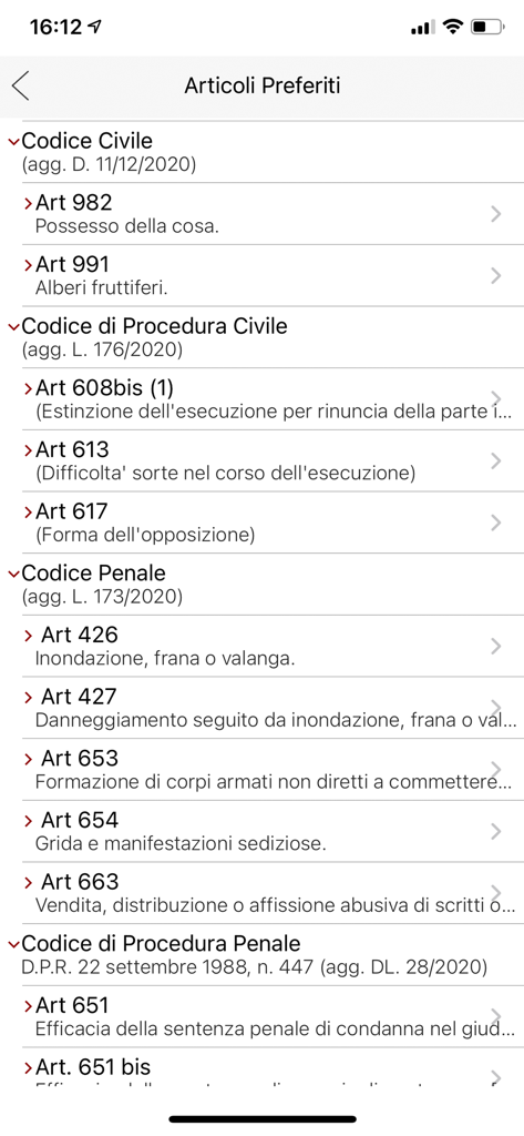 Screenshot von Lesezeichen für italienische Rechtsartikel in der Civile-App.