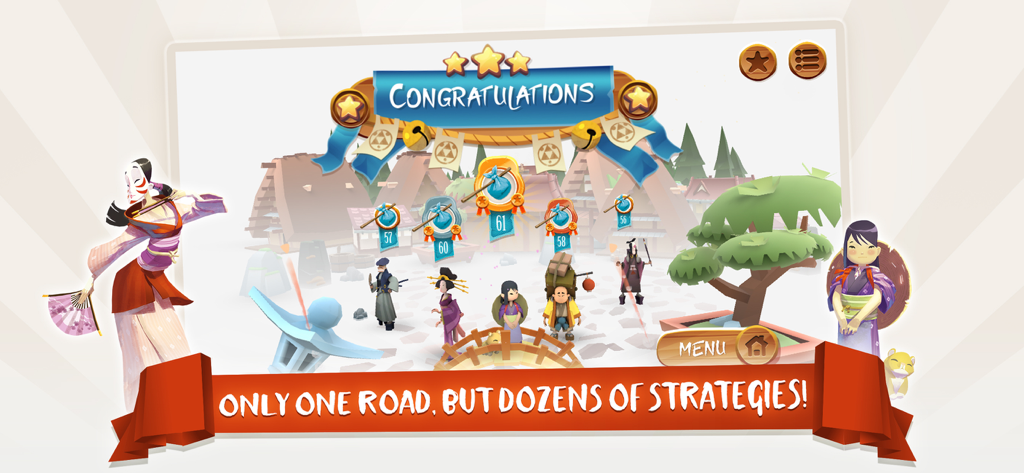 Pantalla de victoria para la aplicación móvil Tokaido con caracteres japoneses y un bonsái.