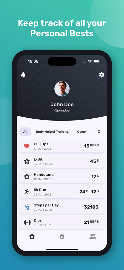Personal Best - Record Tracker - Personal Best App-Bildschirm, der ein Benutzerprofil und eine Liste verfolgter Fitnessrekorde einschließlich Klimmzügen und Laufen zeigt