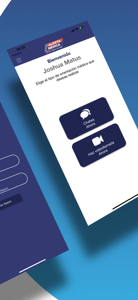 Pantalla de bienvenida de la aplicación Alerta Médica con opciones para chat médico y videollamadas
