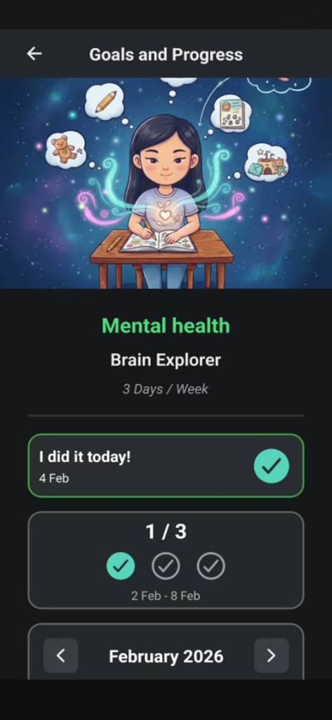 Interfaz de la aplicación WellBe que muestra el seguimiento de objetivos de salud mental y el progreso semanal para el desafío Brain Explorer.