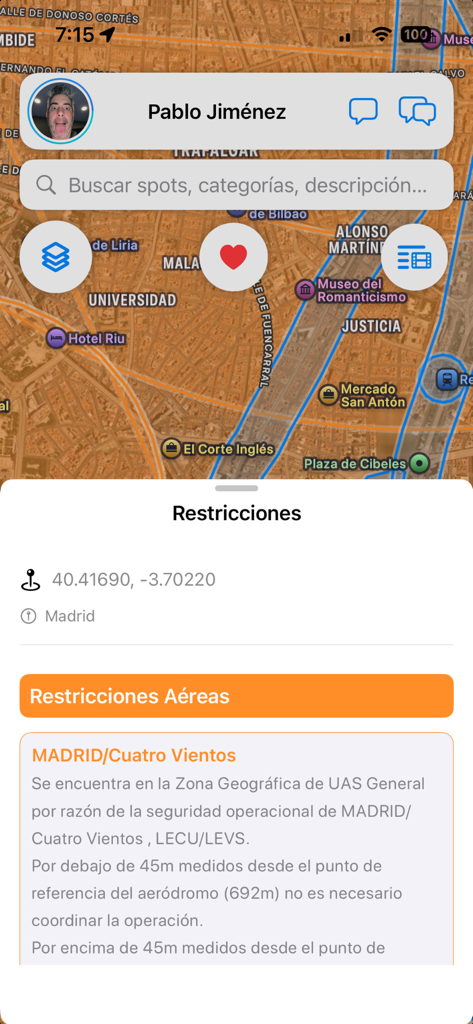 SpotItFly - SpotItFly app interface showing a map of Madrid with drone flight restrictions and safety zones