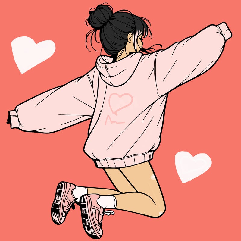 realistic girl jumping with a bun and oversized sweatshirt