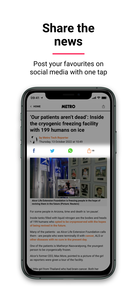 Metro: World and UK news app - FacebookとTwitterのソーシャルメディア共有ボタンが付いた記事を表示するメトロニュースアプリのインターフェース