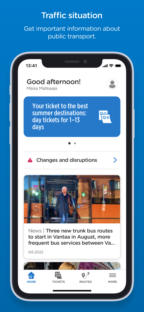 The home screen of the HSL app showing traffic updates and ticket options