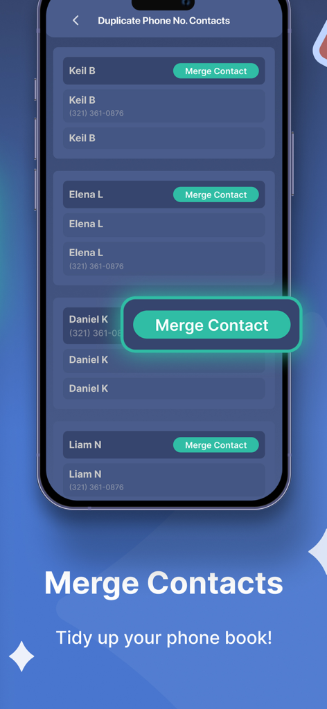 Super Smart Cleaner - Interface of Super Smart Cleaner app showing a list of duplicate contacts with options to merge them