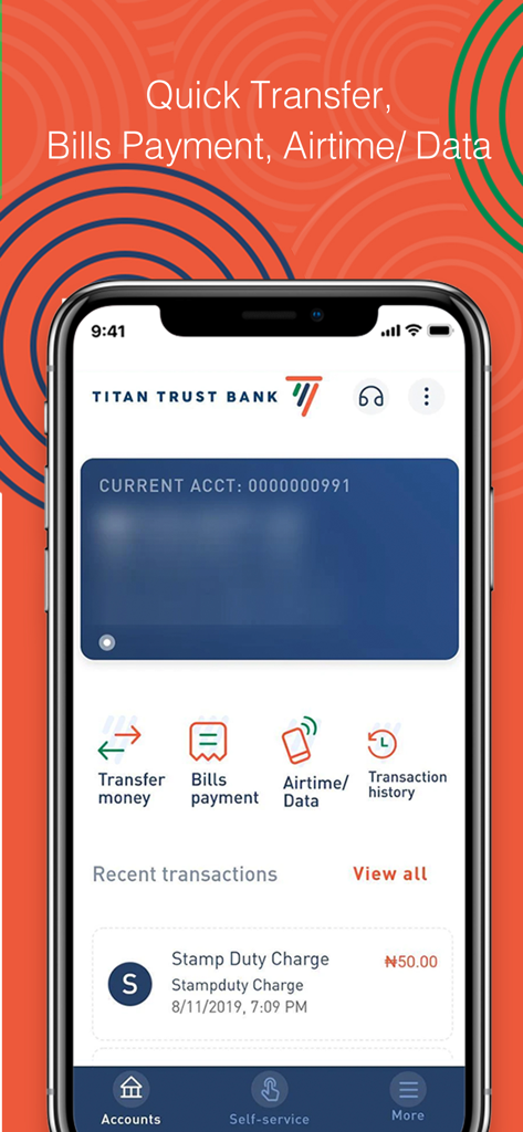 TITAN TRUST MOBILE BANKING - Dashboard of the Titan Trust Mobile Banking app showing quick transfer and bill payment options.