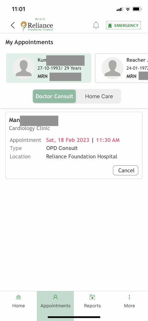 Reliance Foundation Hospital - Interface of the Reliance Foundation Hospital app showing the My Appointments screen with a scheduled cardiology consultation and patient details.