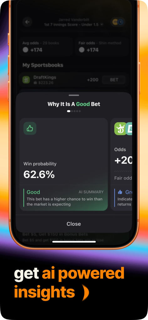 Oddible: AI Sports Betting - Oddible app interface showing AI sports betting win probability and insights