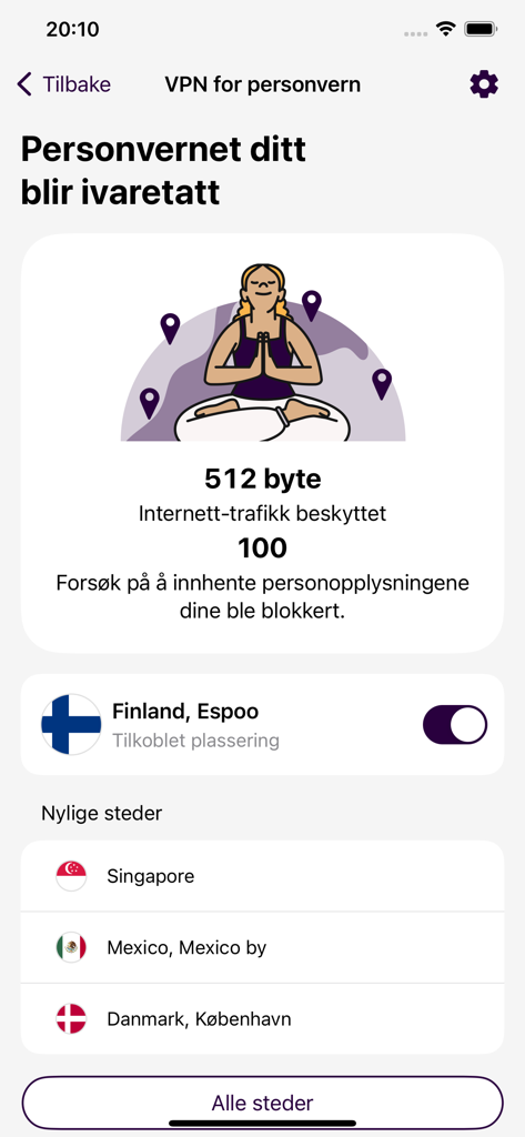Telia Trygg - Interface of the Telia Trygg app showing VPN privacy protection status with statistics on protected traffic and blocked tracking attempts.