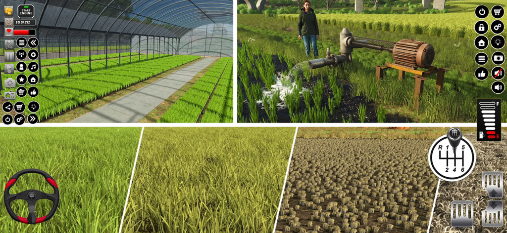 Gameplay-Screenshots von Pro Traktor Landwirtschafts-Simulator, die Gewächshauspflanzen, Feldirrigation und Traktorfahrsteuerungen zeigen