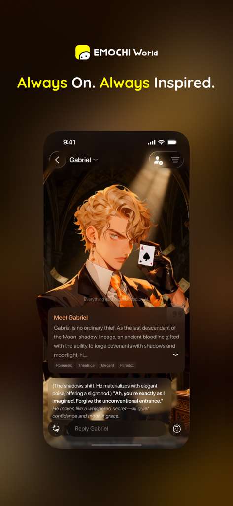 Uma captura de tela do aplicativo EMOCHI World mostrando um chat de roleplay imersivo com Gabriel, um elegante personagem de anime de IA.