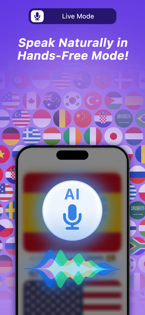 AirTranslator AirPod Translate - Smartphone screen displaying the AirTranslator app in hands-free live mode with a voice waveform and various country flags in the background.