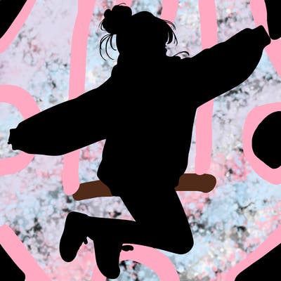 realistic girl jumping with a bun and oversized sweatshirt