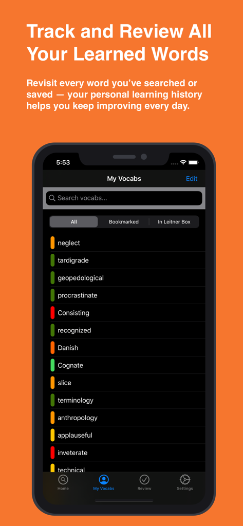 English Dictionary – Offline - Interface of the Vocapture app showing a list of saved words in the My Vocabs section for review