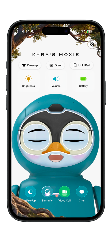 Moxie Robot App - Moxie Robot app dashboard featuring control settings for the AI robot including volume brightness and activity modes