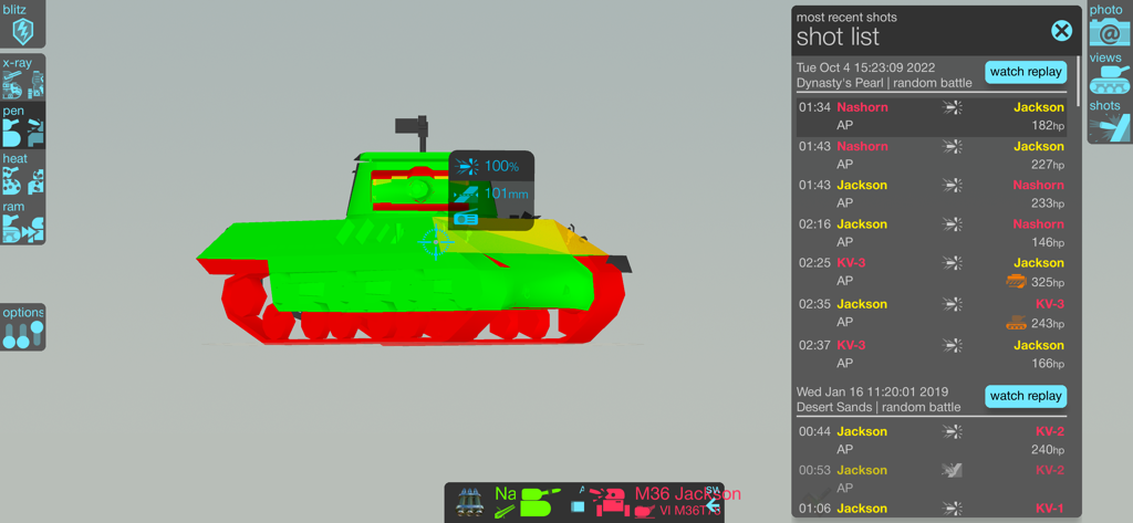 A 3D tank armor model with a detailed combat shot list history for battle analysis