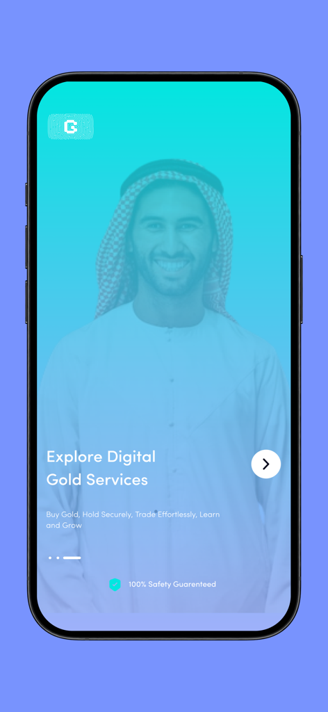 Pantalla de incorporación de la aplicación My Gold Wallet que muestra el texto Explore Digital Gold Services y 100 percent Safety Guaranteed