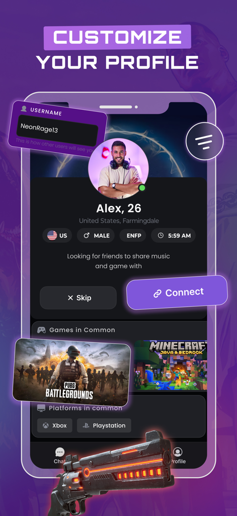 GameTree - Find Gaming Friends - A mobile app screen showing a gamer profile on GameTree with personality tags and shared games like PUBG and Minecraft