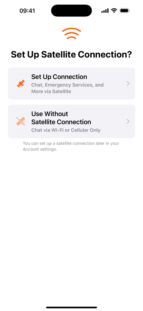 Bullitt Satellite Messenger - Setup screen in Bullitt Messenger offering satellite and internet connection options