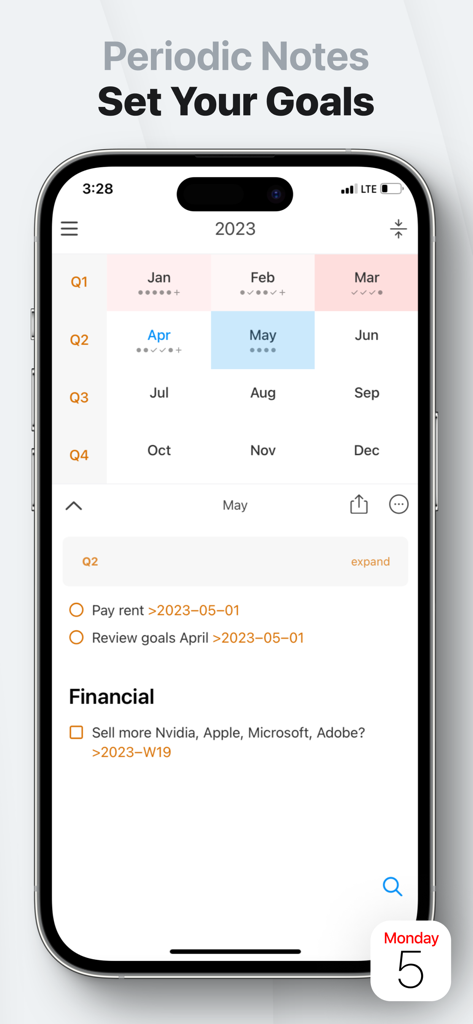 Aplicativo NotePlan mostrando notas periódicas, definição de metas e uma interface de calendário anual
