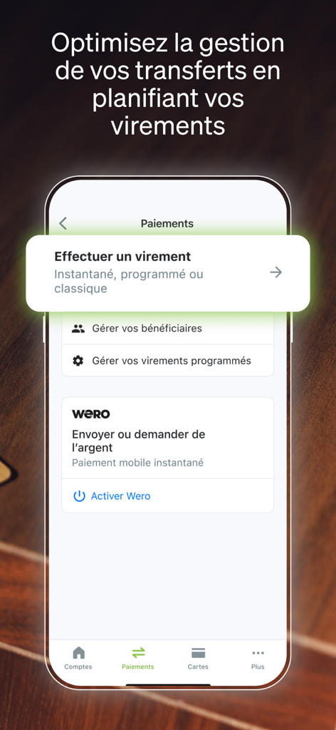Interfaz de la aplicación de banca móvil Fortuneo que muestra opciones de transferencia y pago bancario, incluido Wero