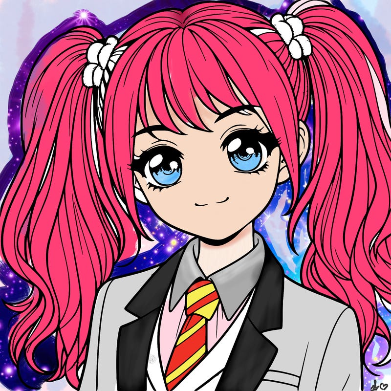 realistic girl with two ponytails and a suit on