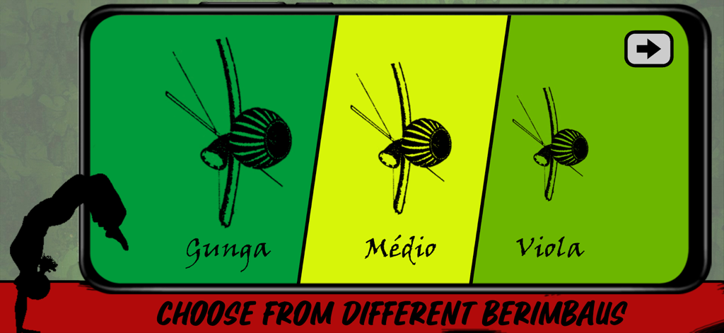 Mobile app screen showing the selection menu for Gunga Medio and Viola berimbau instruments