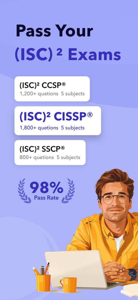 ISC2 exam preparation app interface showing CCSP CISSP and SSCP study options with a 98 percent pass rate