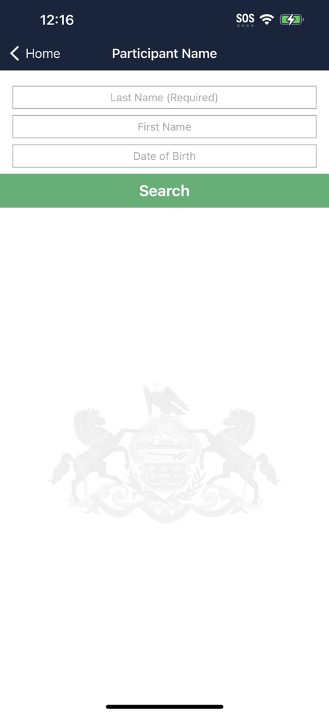 Search interface of the PAeDocket app for finding court case participants by last name and first name